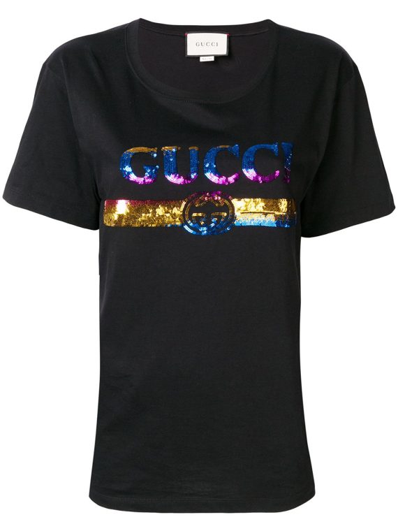 Gucci تيشيرت بشعار مطرز بالترتر - أسود